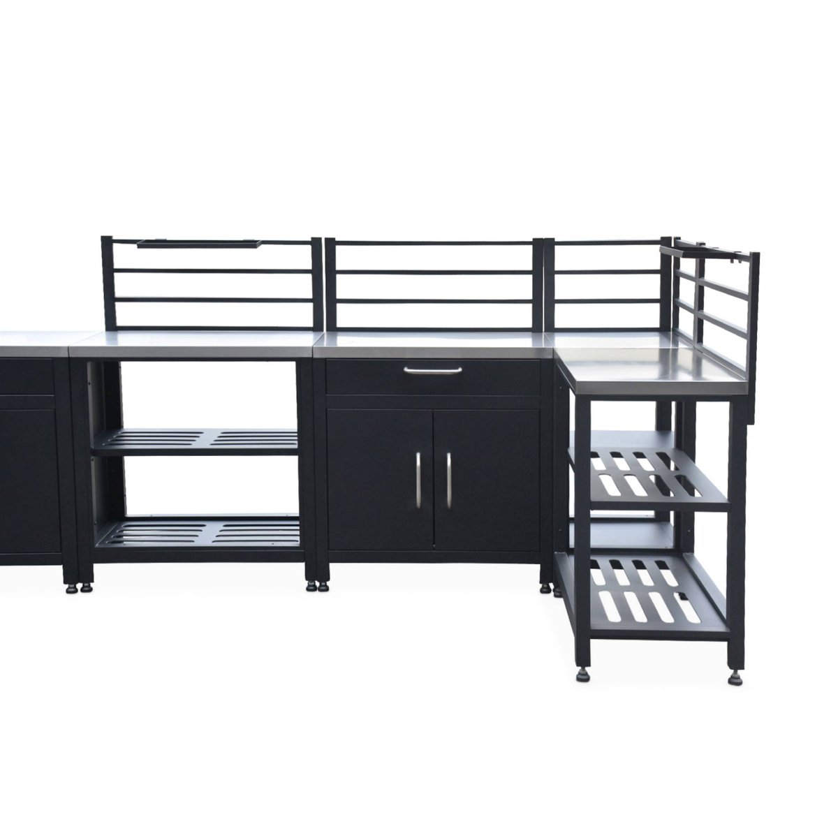 Cuisine d'extérieure 7 modules avec barbecue gaz 4 brûleurs sur pieds, thermomètre GRIMAUD BARBECUE GAZ + 7 MODULES noir, SWEEEK