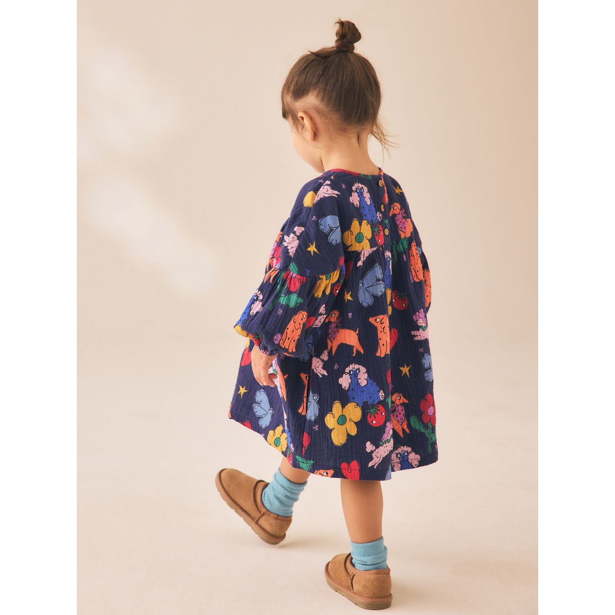Robe imprimée à manches longues imprimé chien bleu marine, NEXT