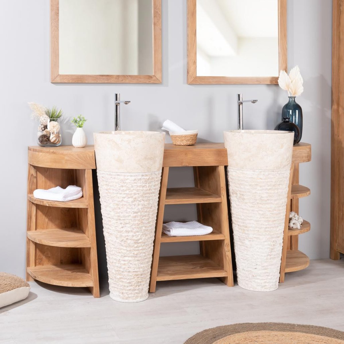 Meuble double + vasques en teck rectangle de 180cm FLORENCE crème, WANDA COLLECTION
