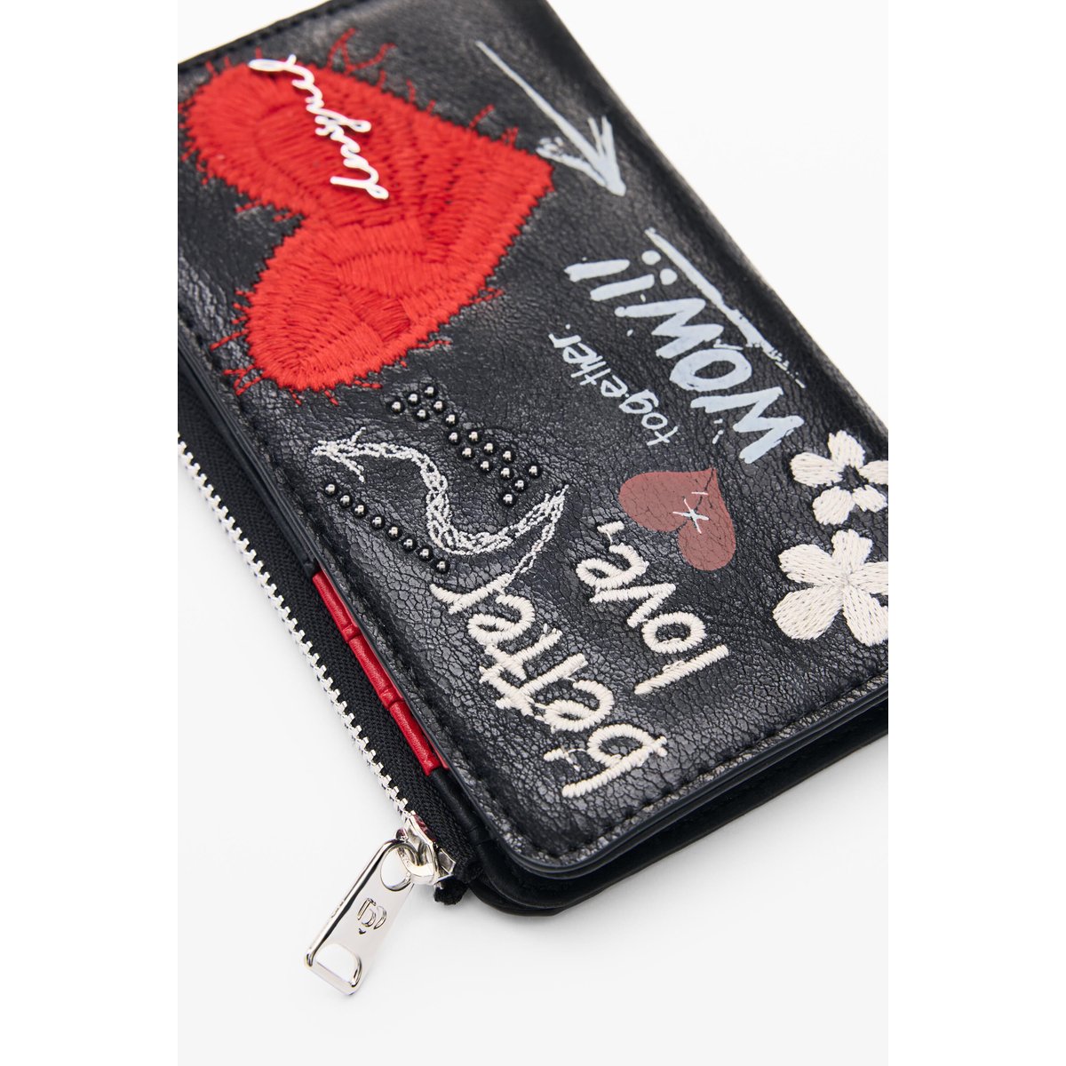 Porte-monnaie brodé moyen noir, DESIGUAL