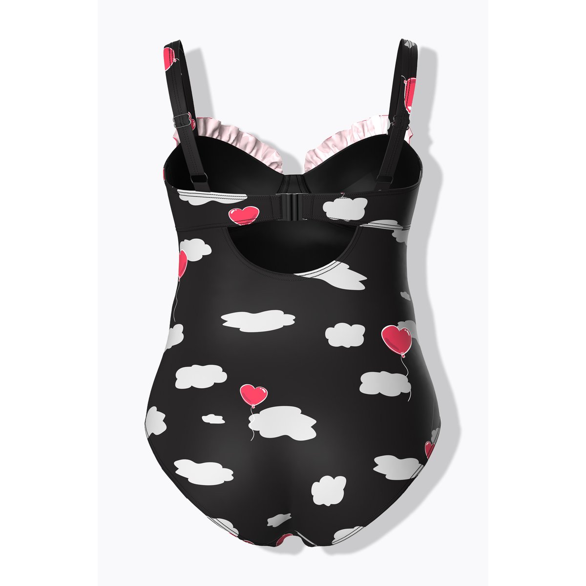 Maillot de bain avec ruchés, imprimé cœurs noir, ULLA POPKEN