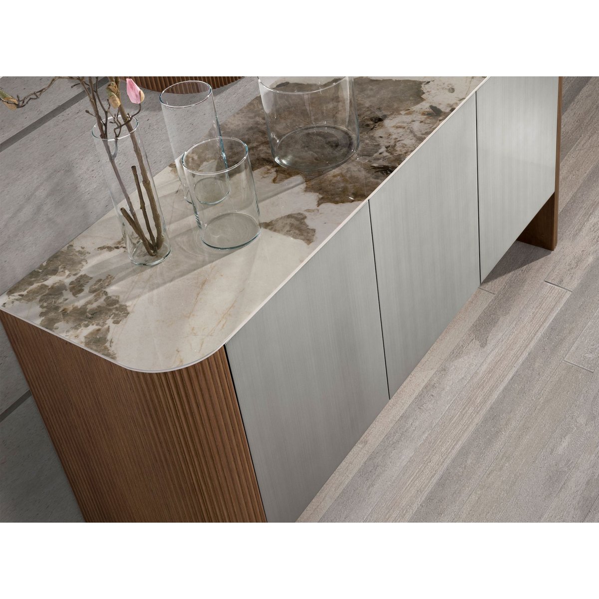 Buffet en bois argenté, noyer et plateau en marbre de porcelaine blanc | noyer | argent, ANGEL CERDA