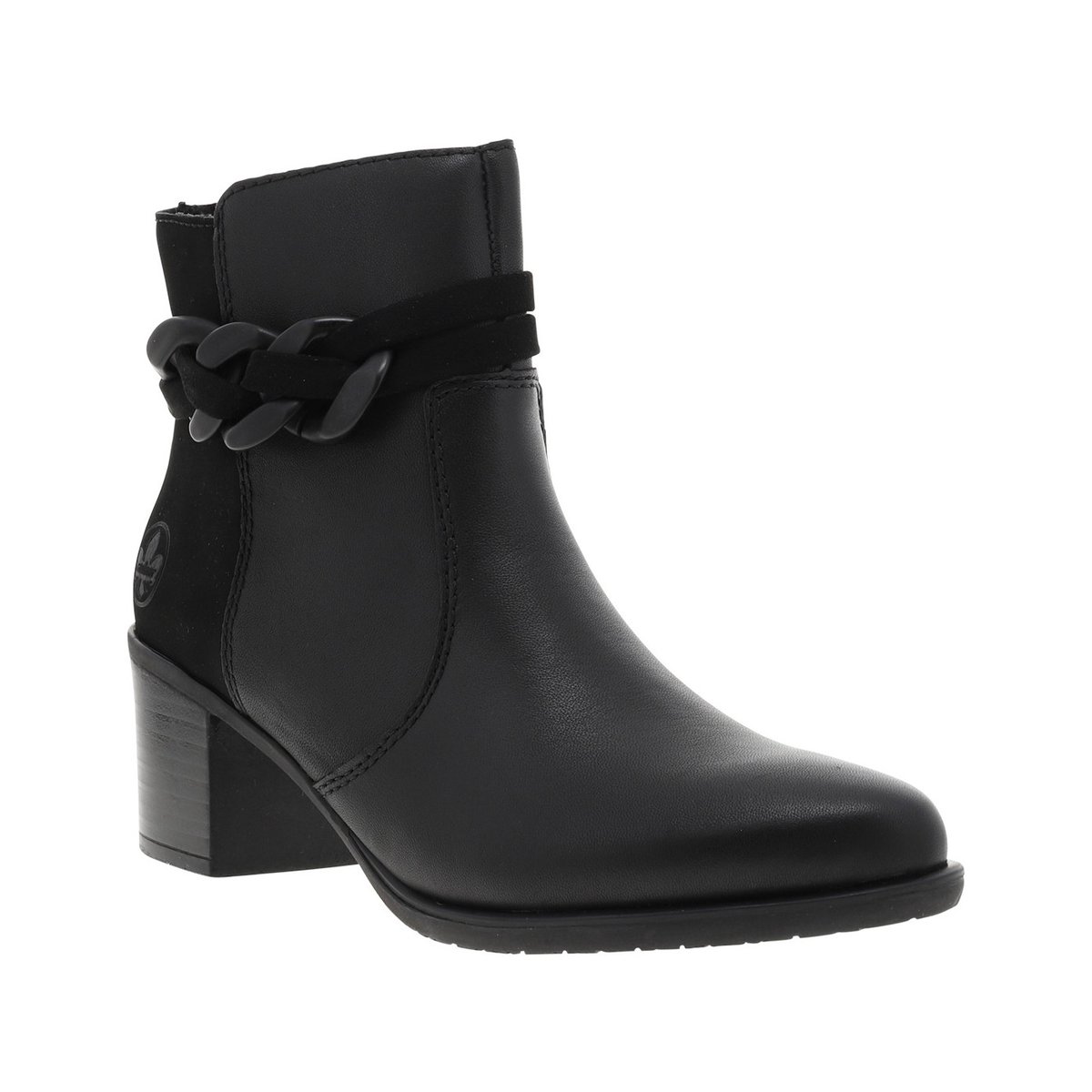 Boots en cuir à talon décroché moyen avec un zip et boucles décoratives noires, RIEKER