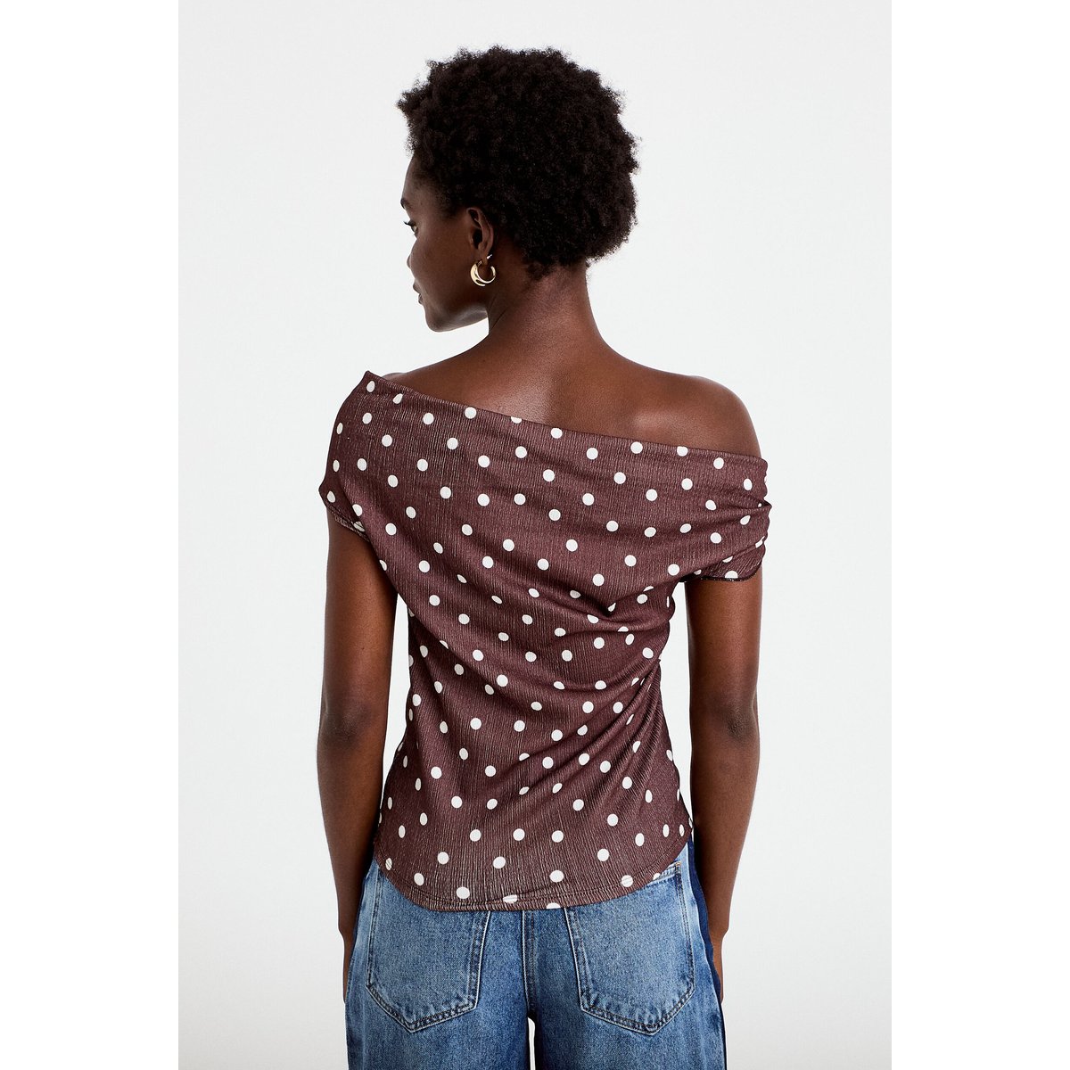 Top plissé col bardot sans manches marron, CACHE CACHE