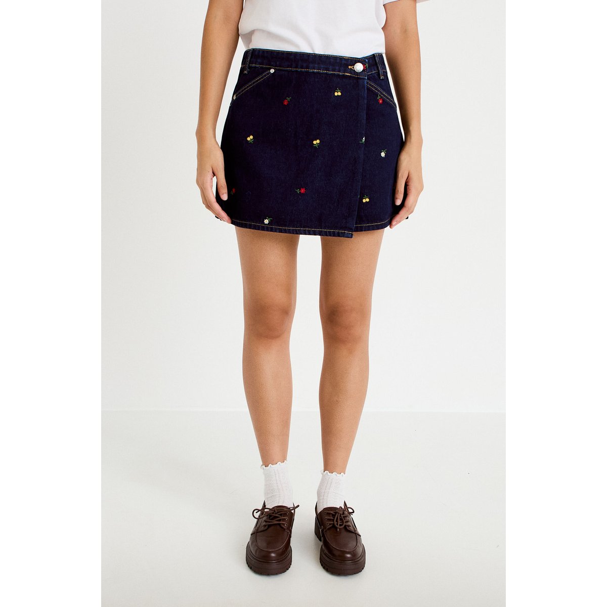 Jupe-short trapèze en jean bleu marine, CACHE CACHE