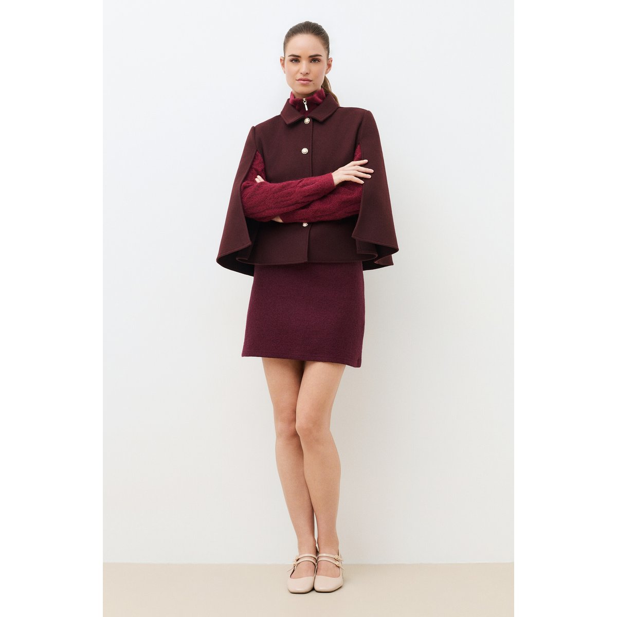 Poncho ample col chemise HACAP bordeaux, CAROLL