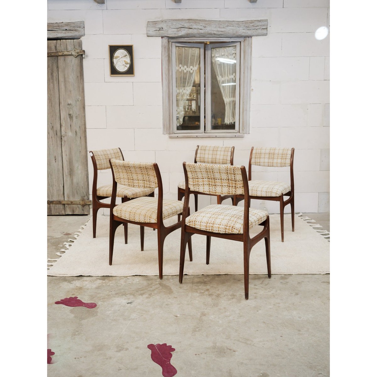 Lot de 5 chaises aux motifs à carreaux Alma N°1973 - Bon état marron, DEBONGOUT