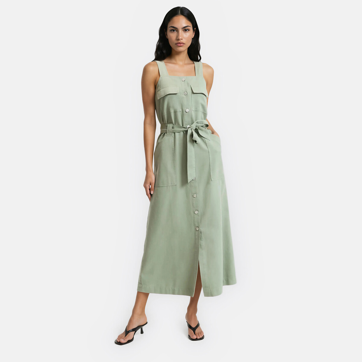 Robe midi à bretelles en lyocell et coton vert kaki, LA REDOUTE COLLECTIONS