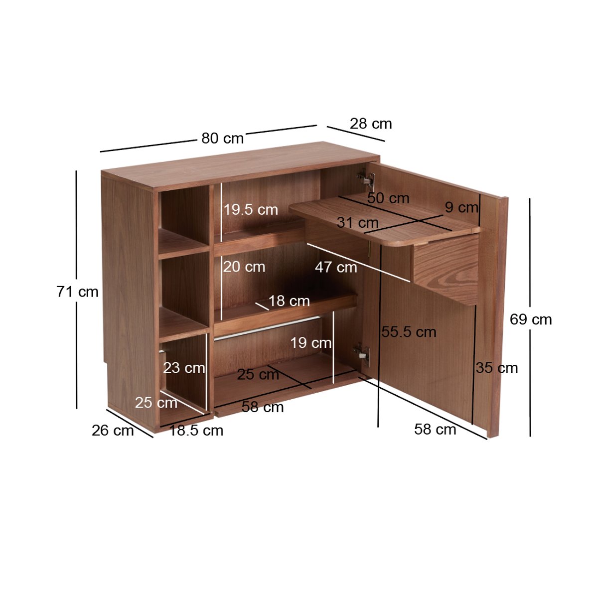 Meuble de rangement avec bureau tablette, bois de noyer et rotin, LAPENA marron, NORDLYS