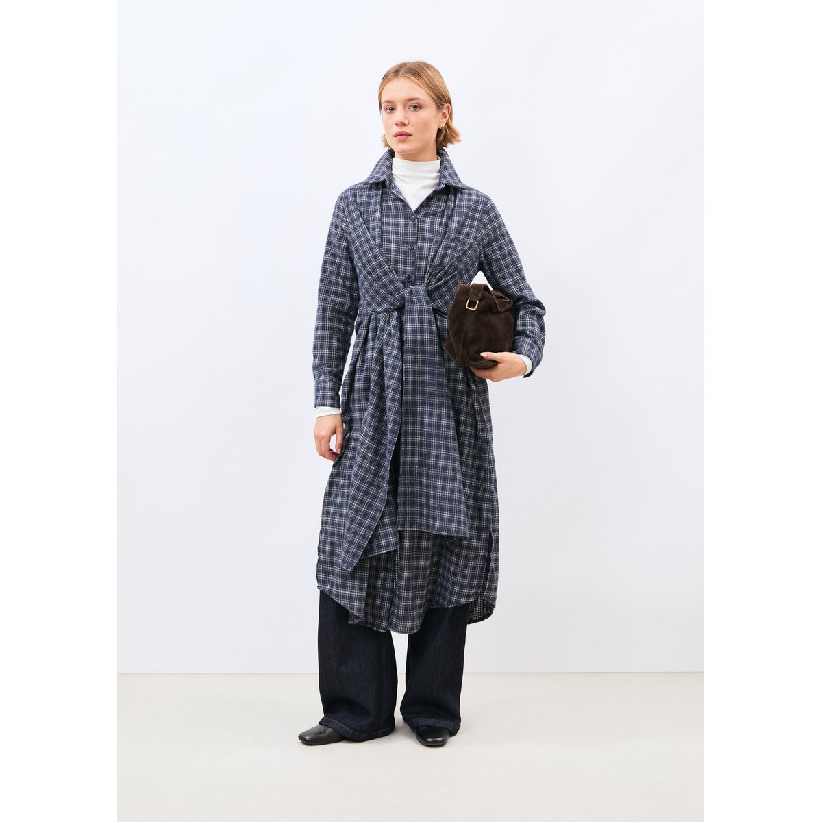 Robe chemise longue à carreaux manches longues marine, HUMILITY