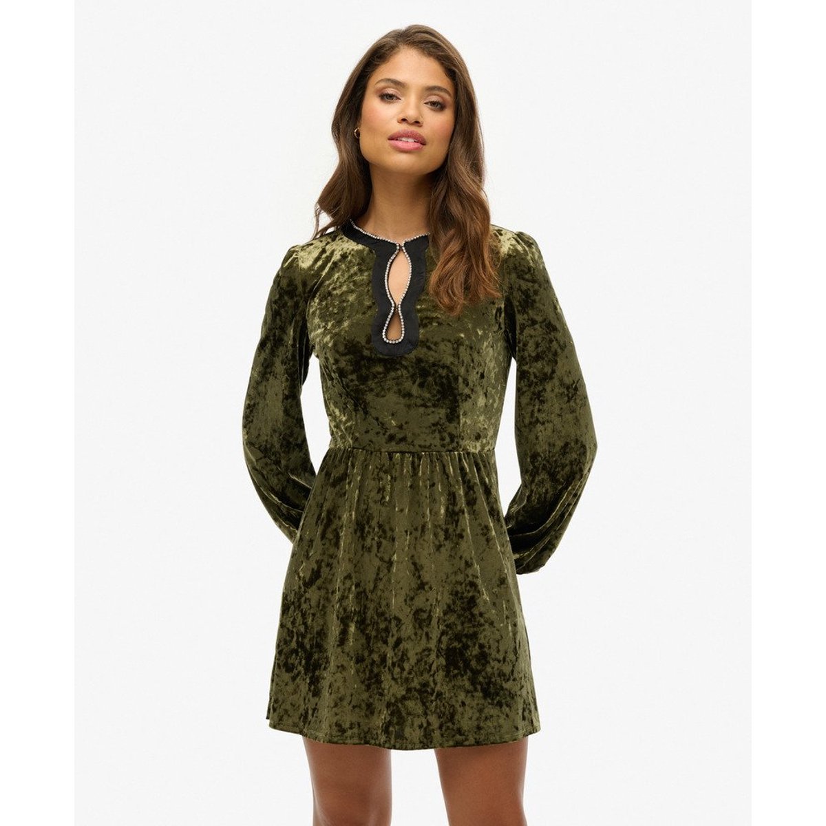 Robe courte en velours ornée de strass kaki clair, SUPERDRY