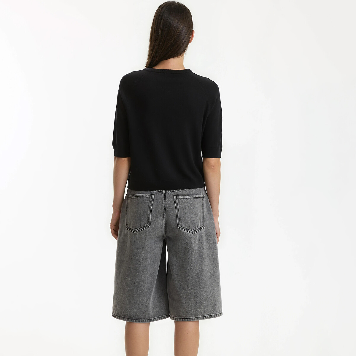 100% wool Crew Neck Jumper with Short Sleeves black, LA REDOUTE COLLECTIONS