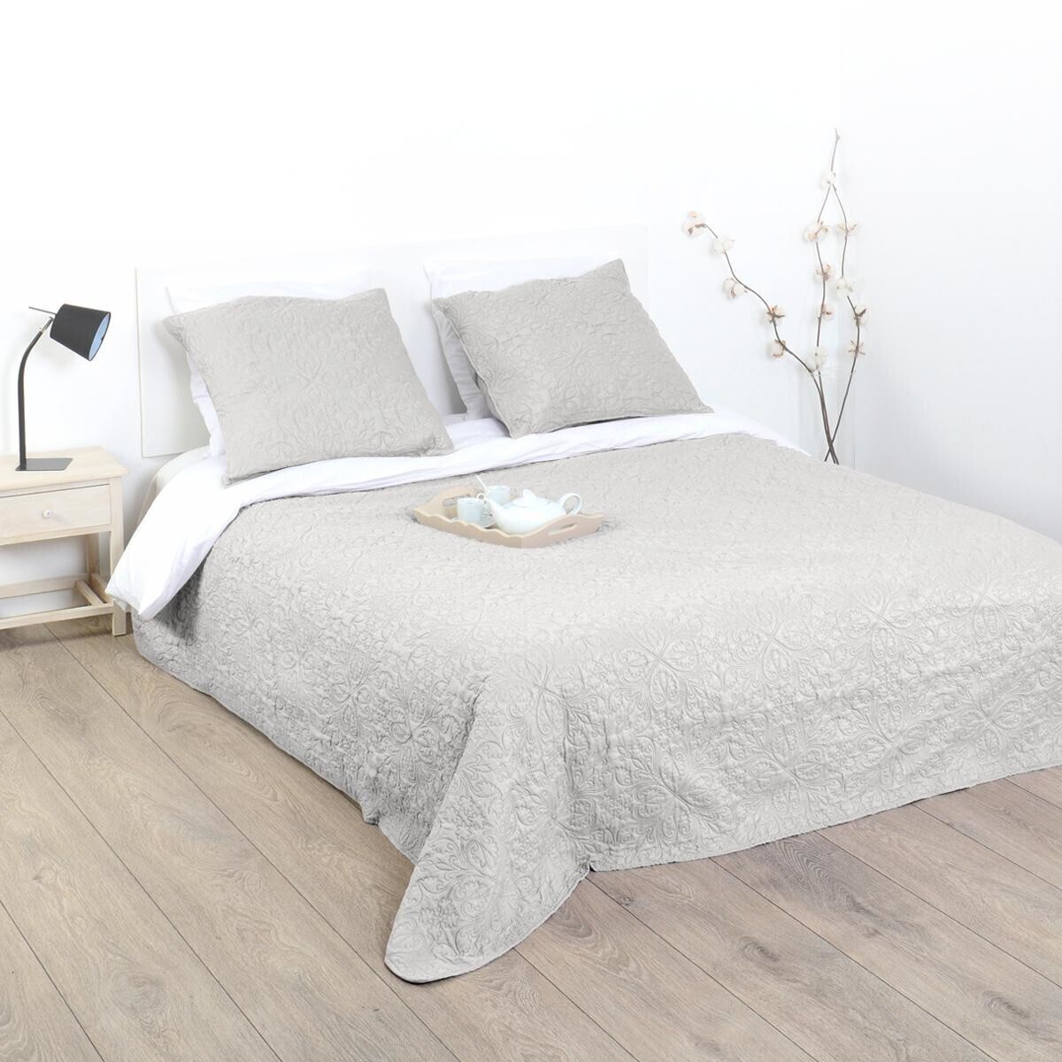 Dessus de lit avec taies ARABESQUE beige lin, ATMOSPHERA