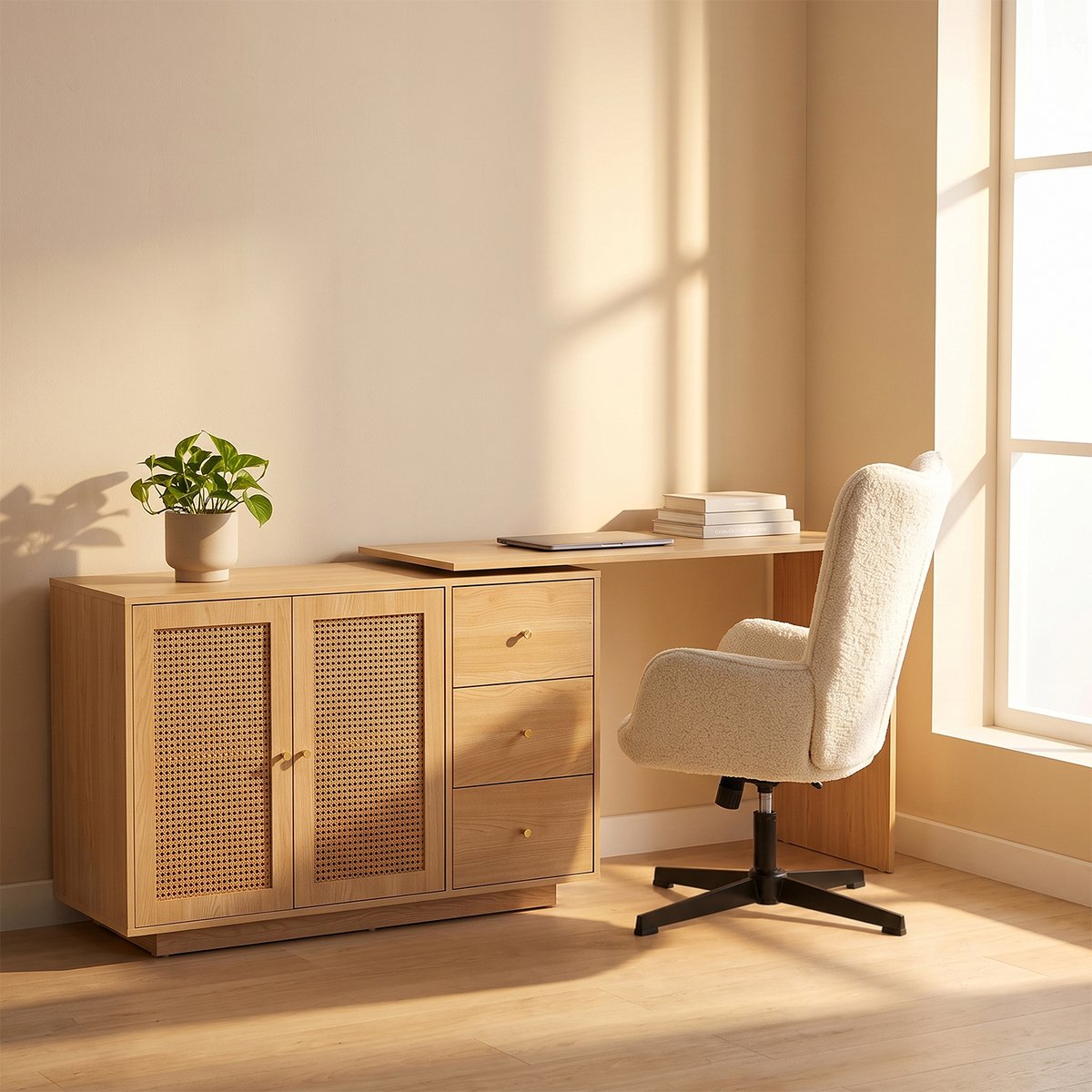 Ensemble de bureau d’angle rotatif avec portes rotin et chaise de bureau, DICCPERNFUCHS blanc, MEUBLES COSY