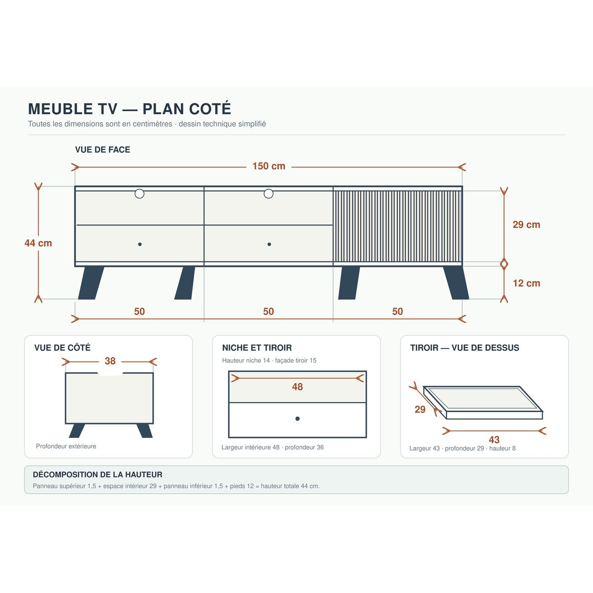 Meuble TV avec rangement 1 porte noire rainurée ALVA bois naturel, PIER IMPORT