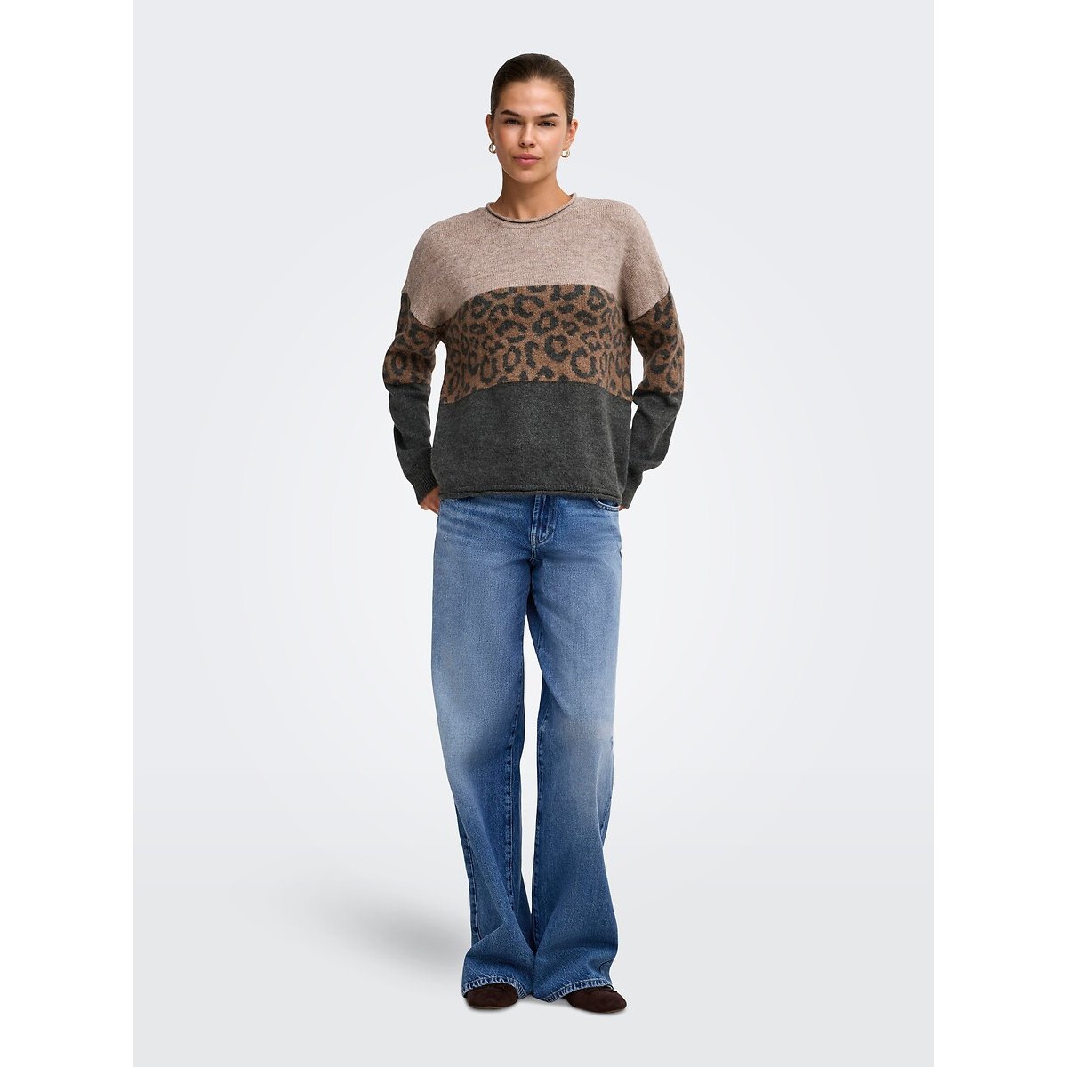 Camisola de gola redonda, estampado leopardo cinzento/leopardo, ONLY