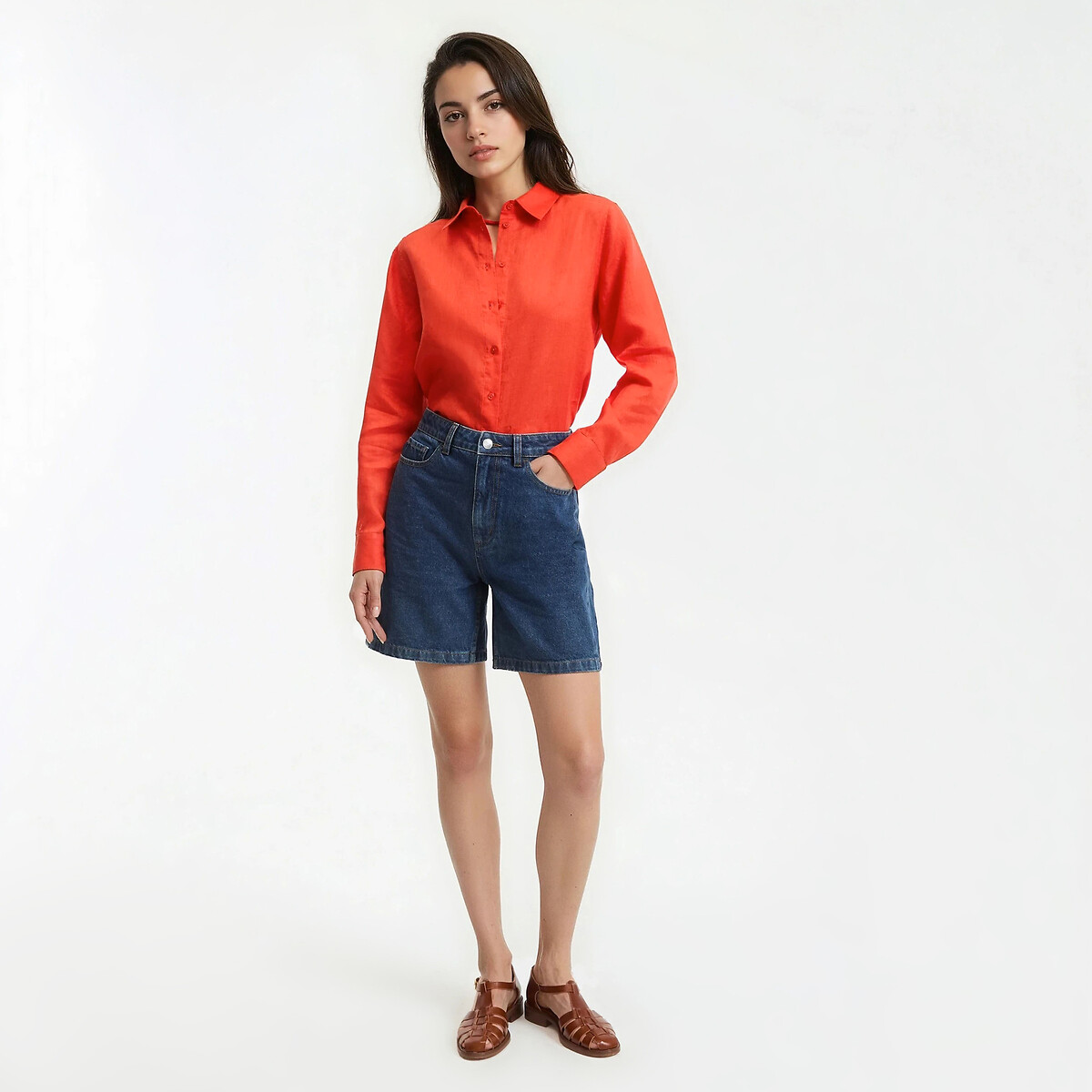 Chemise manches longues en lin orange foncé, LA REDOUTE COLLECTIONS