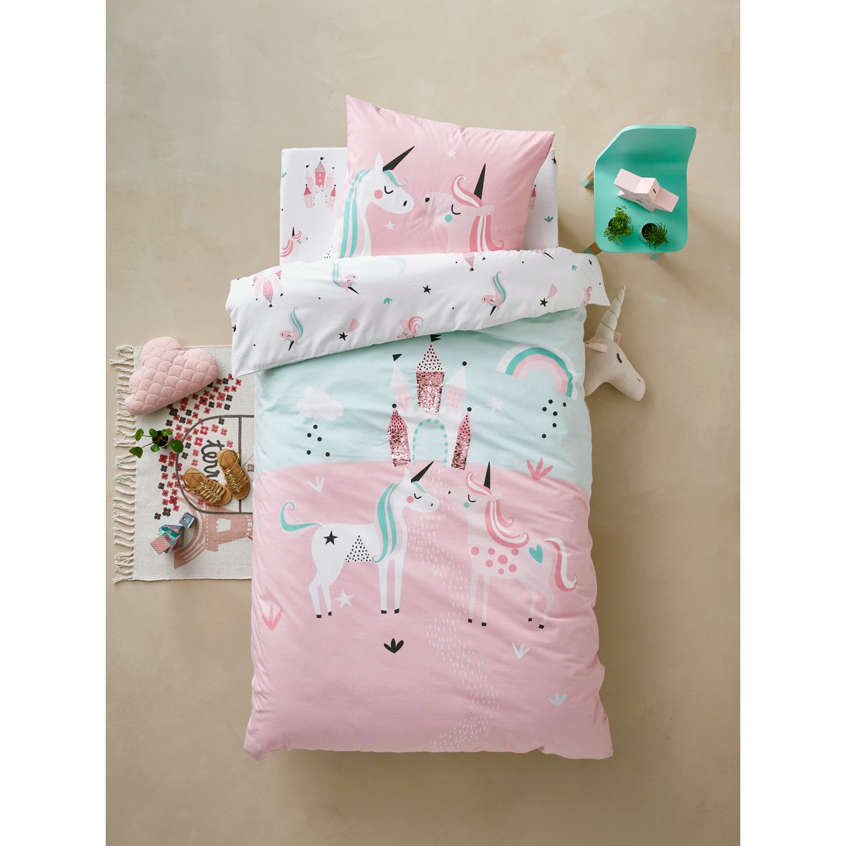 Parure housse de couette+ taie d'oreiller LICORNES MAGIQUES bleu clair, VERTBAUDET