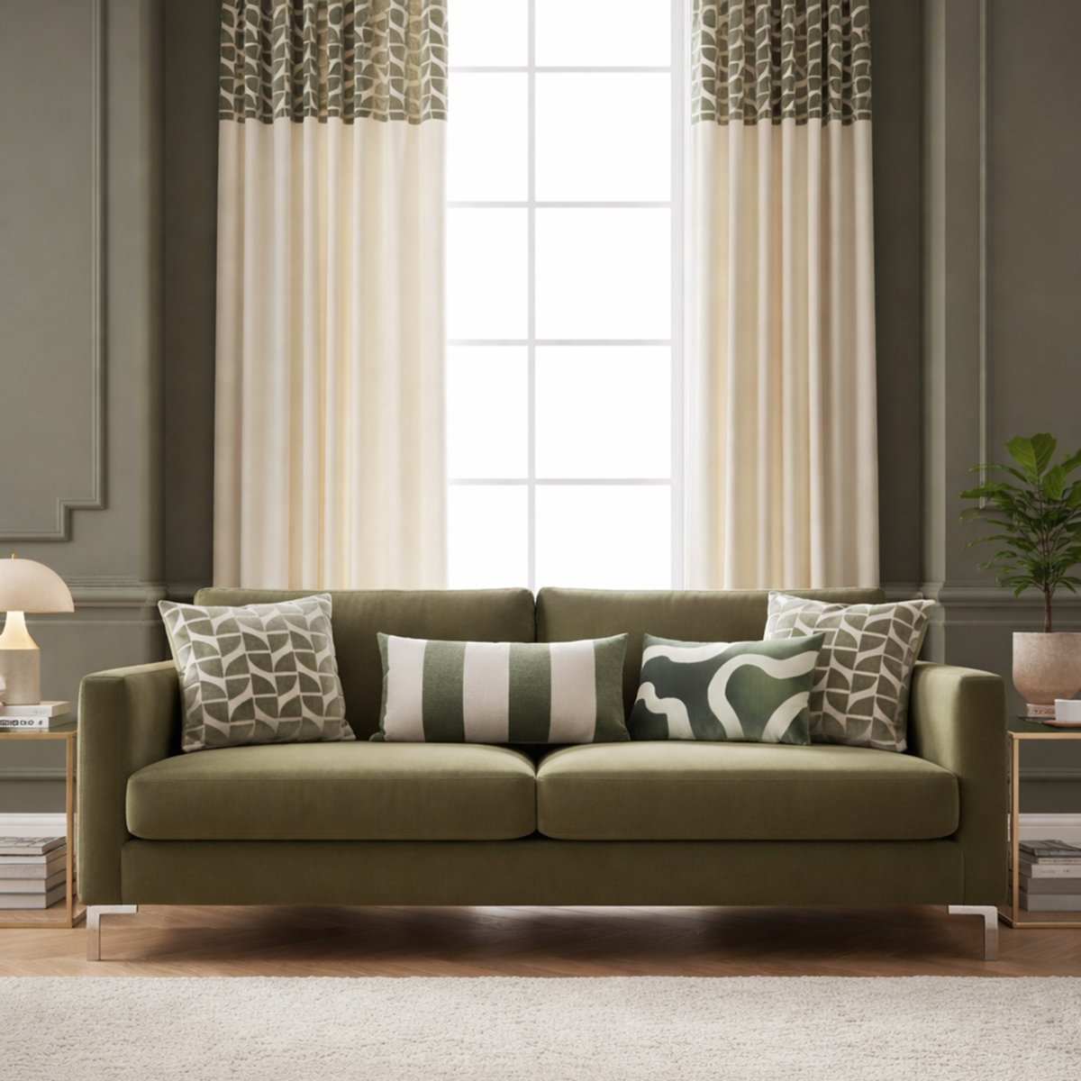 Rideau tamisant à œillets en velours avec bandeau géométrique vert, DOUCEUR D'INTÉRIEUR