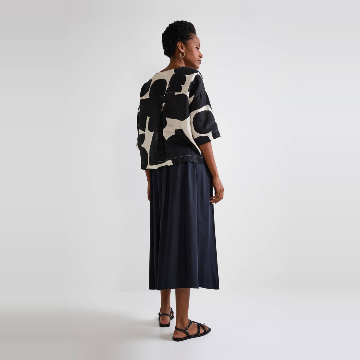 Jupe midi taille smockée unie en coton BIO GOTS noir, MONOPRIX