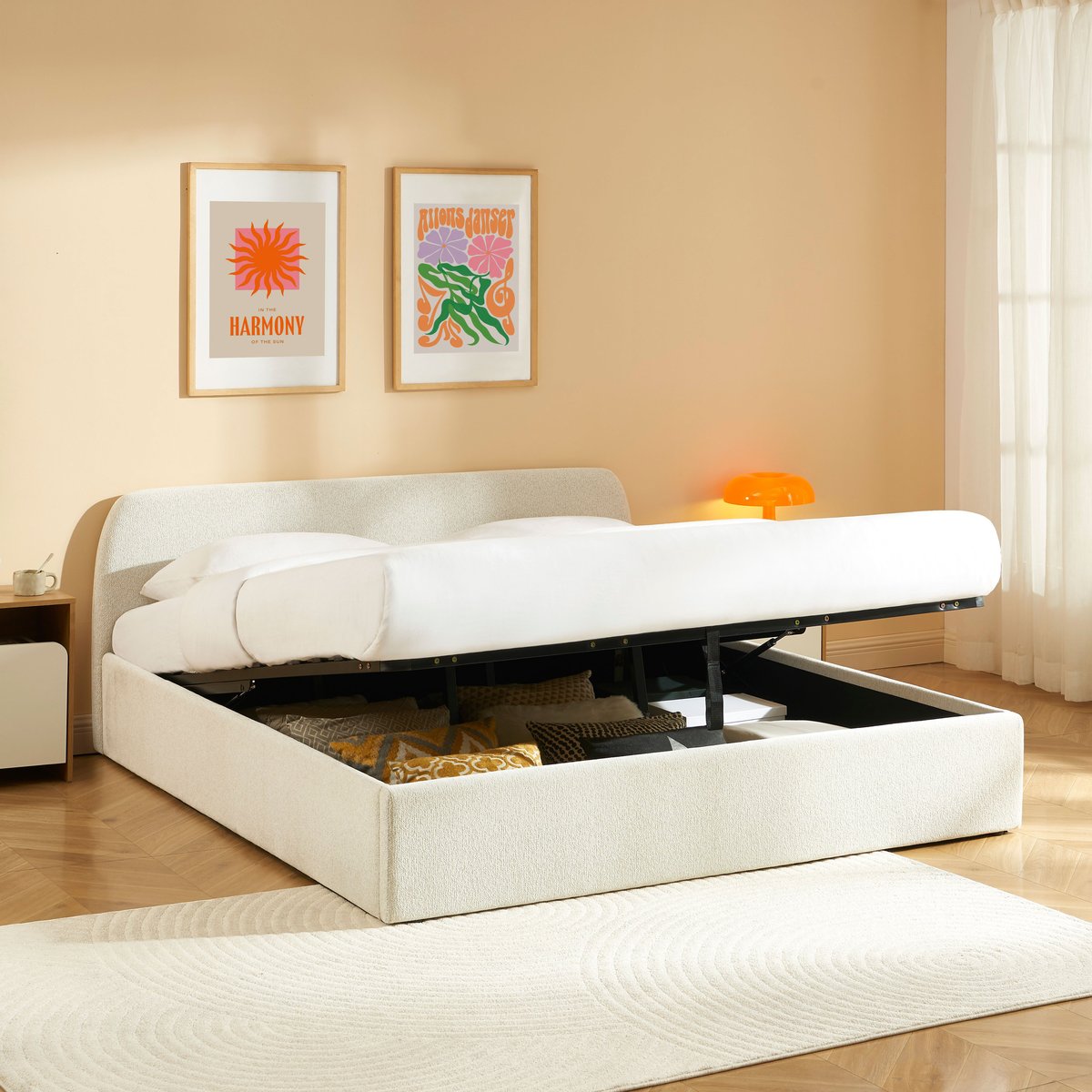 Lit coffre tissu chenille avec sommier GELA ecru, BAÏTA