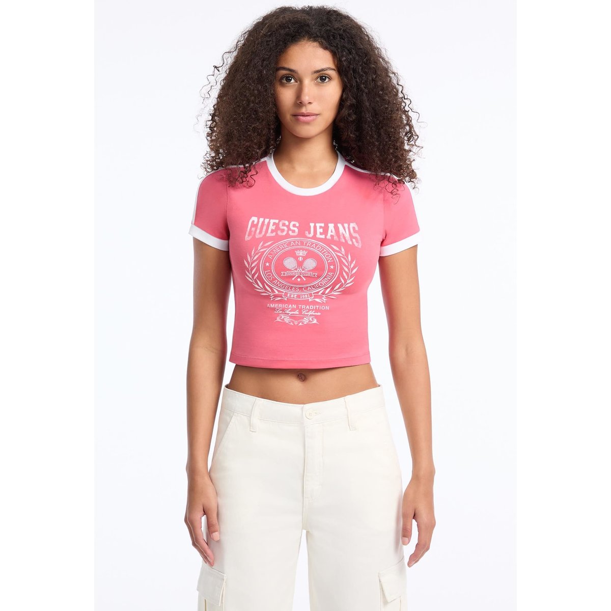 T-Shirt Crop Logo rose, GUESS JEANS
