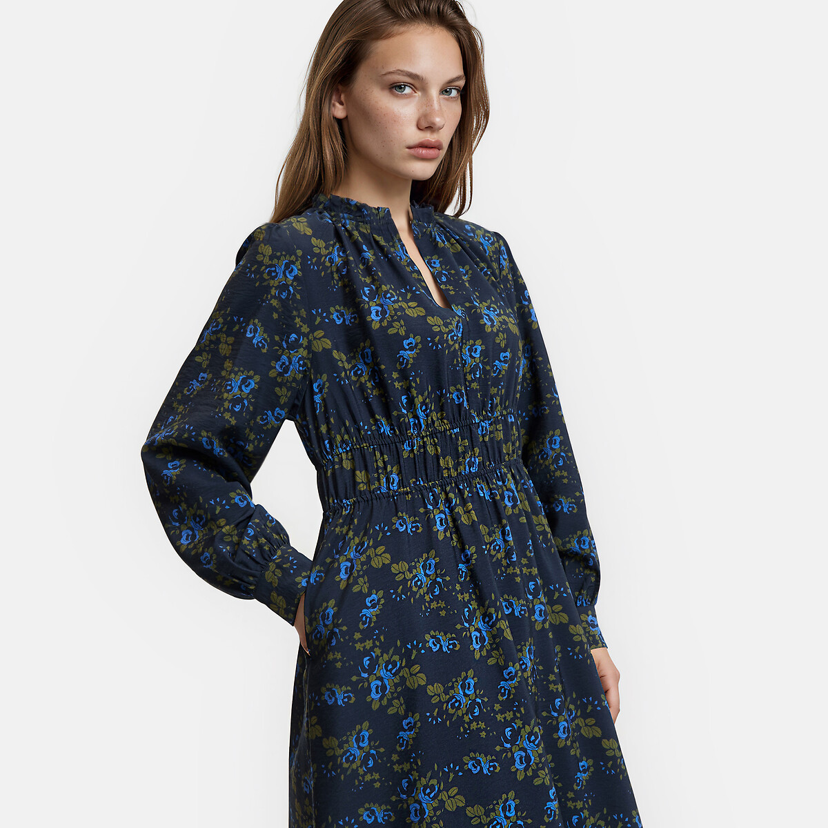 Robe longue imprimé floral à manches longues et col volanté imprimé fleurs fond bleu marine, LA REDOUTE COLLECTIONS