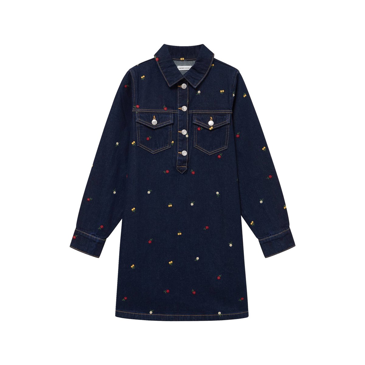 Robe courte évasée en jean brodée bleu marine, CACHE CACHE