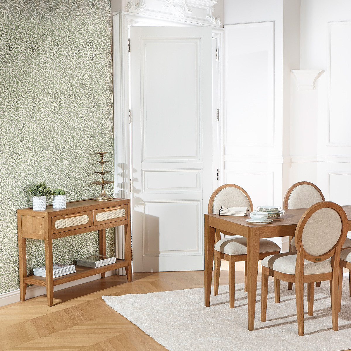 Console style contemporain, plateau en chêne, 2 tiroirs en rotin MONTANA marron, ROBIN DES BOIS