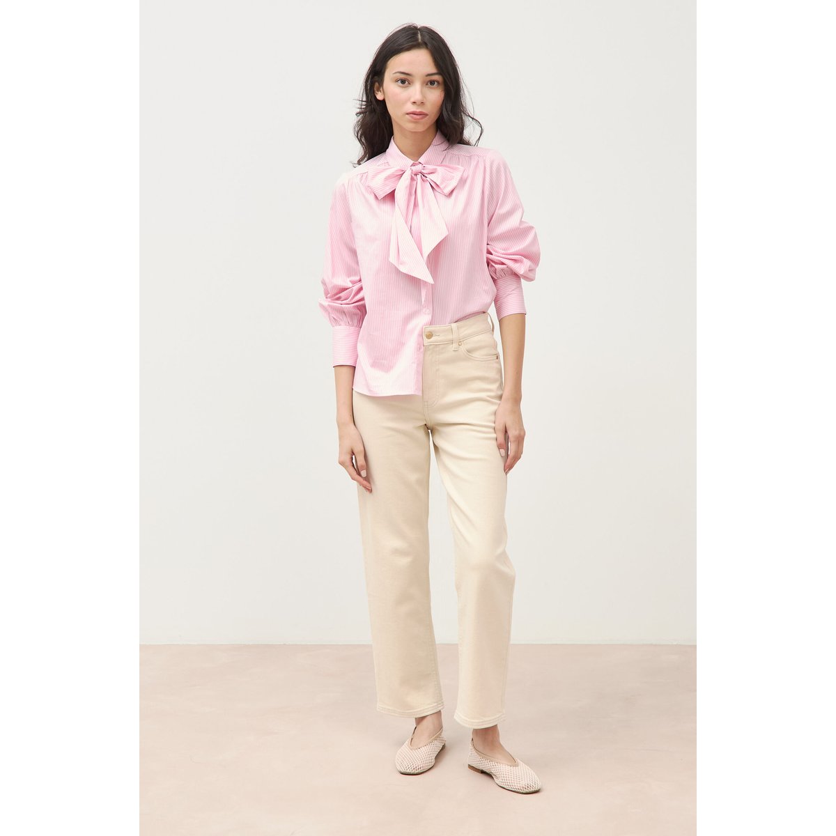 Chemise droite col noeud manches longues rose poudrée, BONOBO