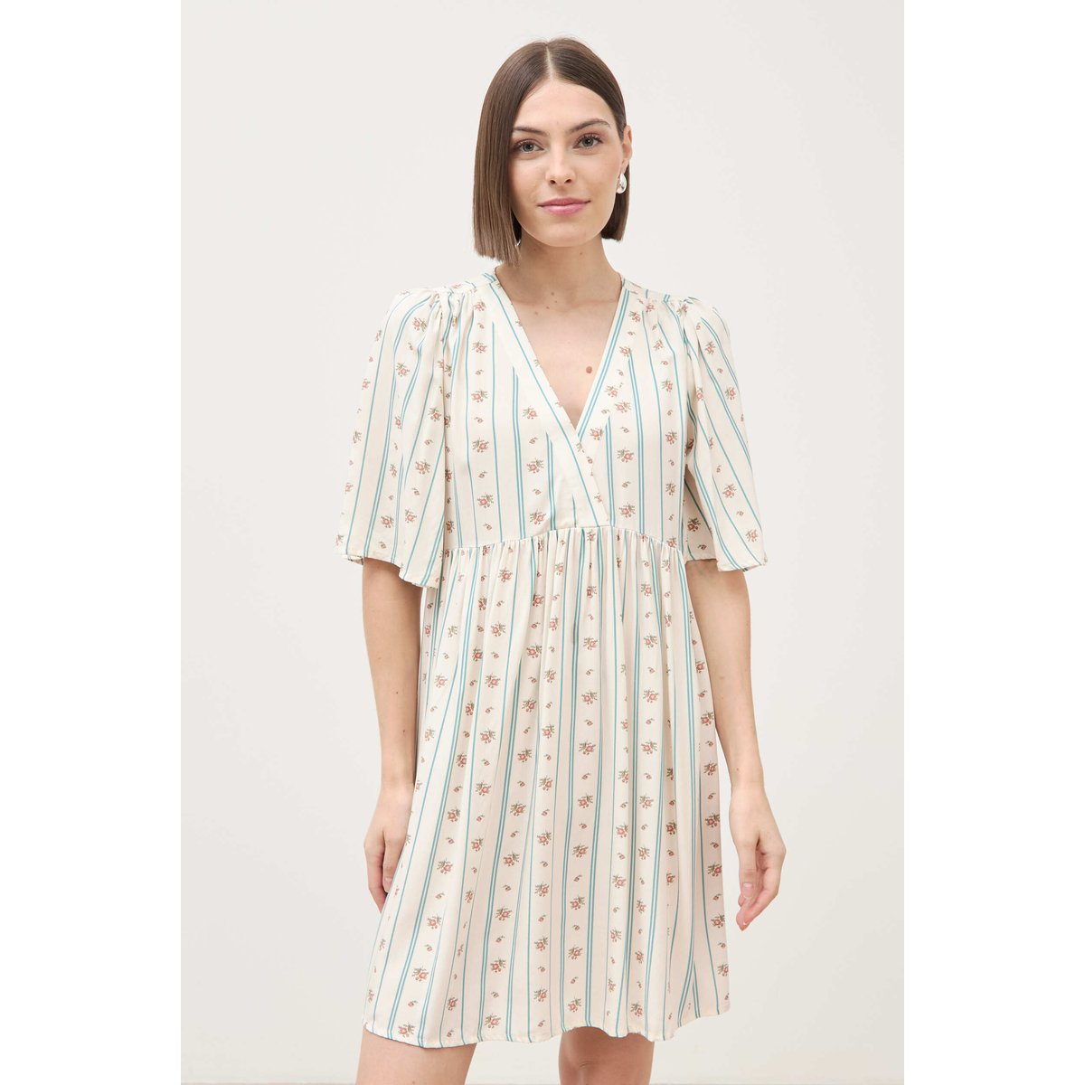 Robe fluide col v manches courtes bleu gris, BONOBO