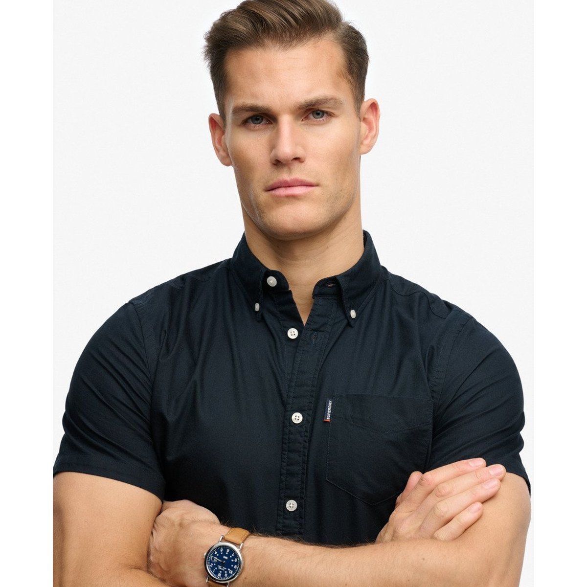 Chemise Oxford Manches Courtes Essentials bleu marine éclipse, SUPERDRY