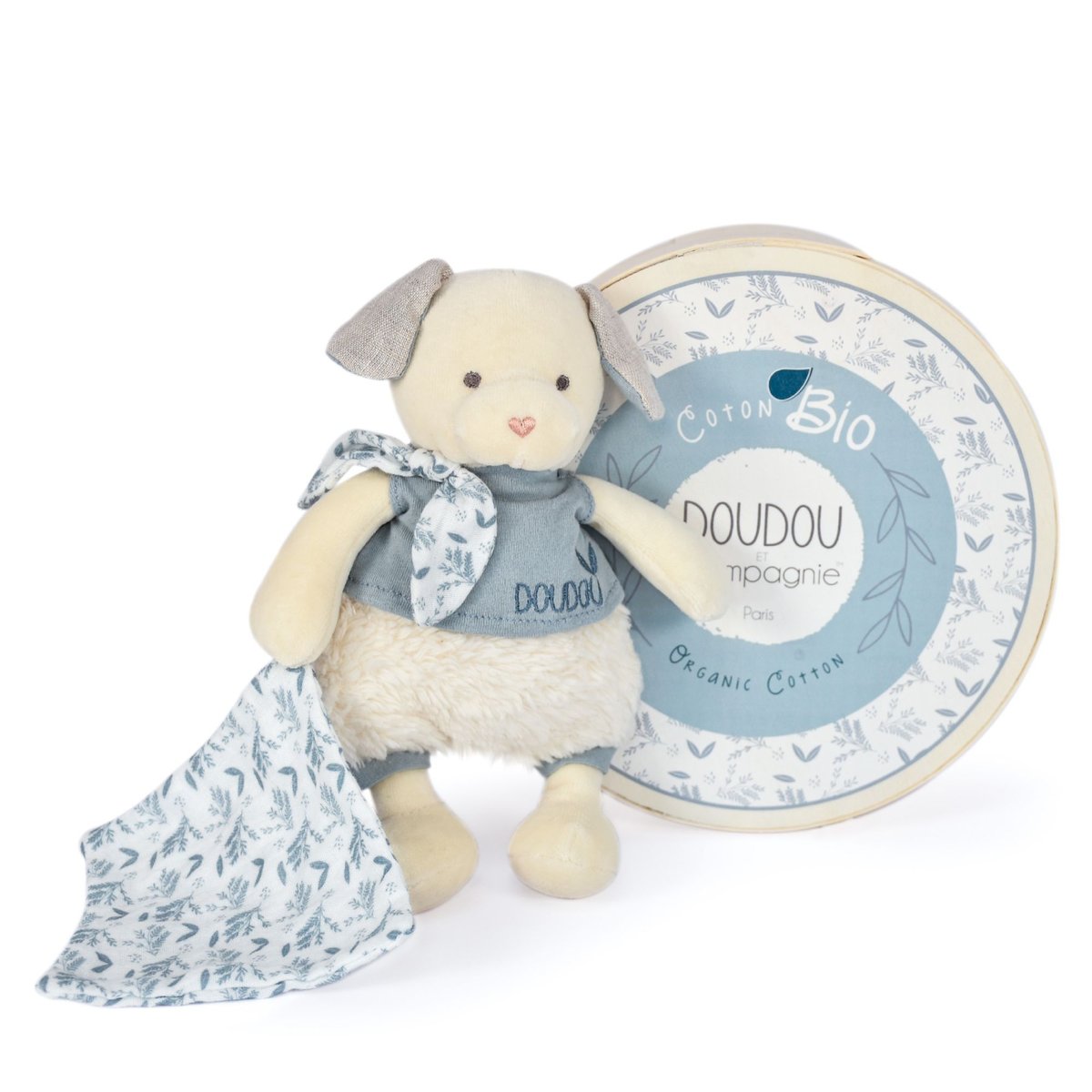 Chien moyen modèle avec doudou 22 cm bio beige/bleu, DOUDOU ET COMPAGNIE