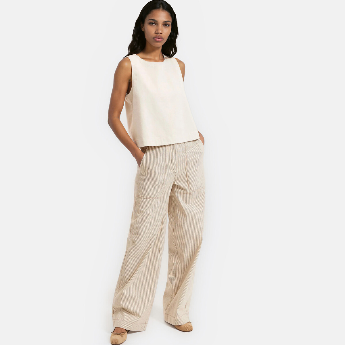 Pantalones de pernera ancha estilo carpintero con rayas rayas crudo/marrón, LA REDOUTE COLLECTIONS