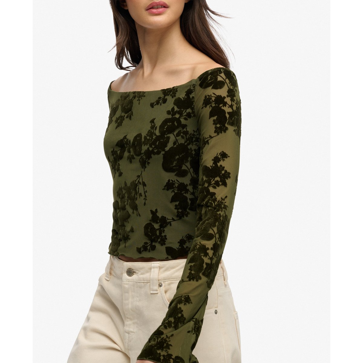Top à manches longues en mesh floqué vert sapin, SUPERDRY