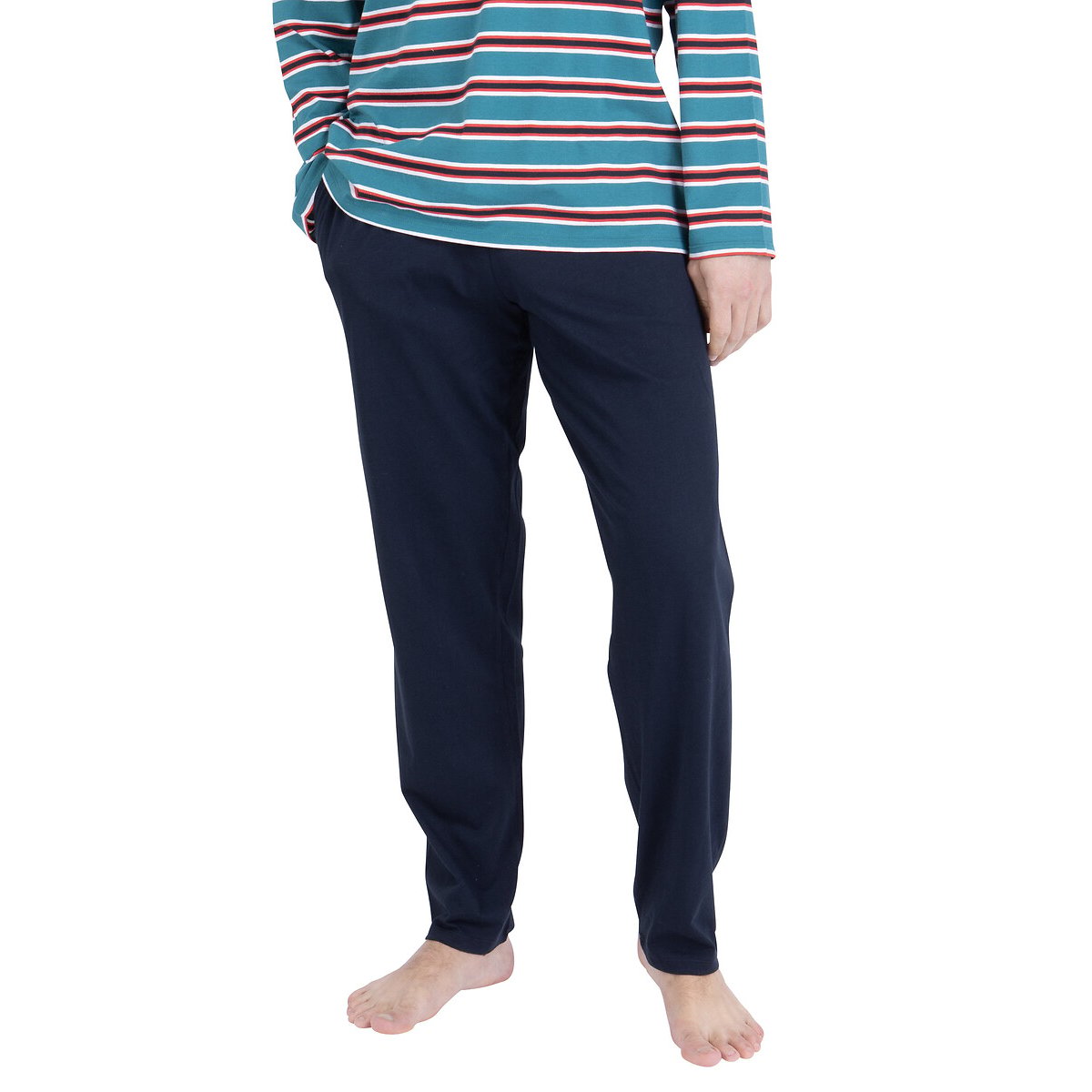 Pyjama long, en coton, T-shirt à rayures rayé vert/bleu marine, ATHENA