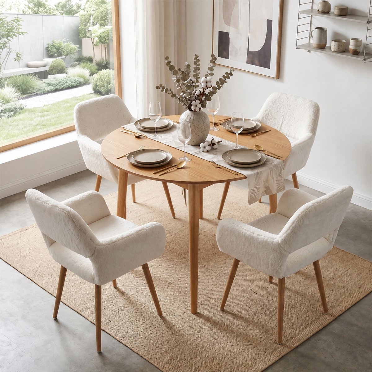 Lot de 4 chaises de salle à manger fauteuil scandinaves en tissu effet poil de lapin, CROMWELL PELUCHE blanc, MEUBLES COSY