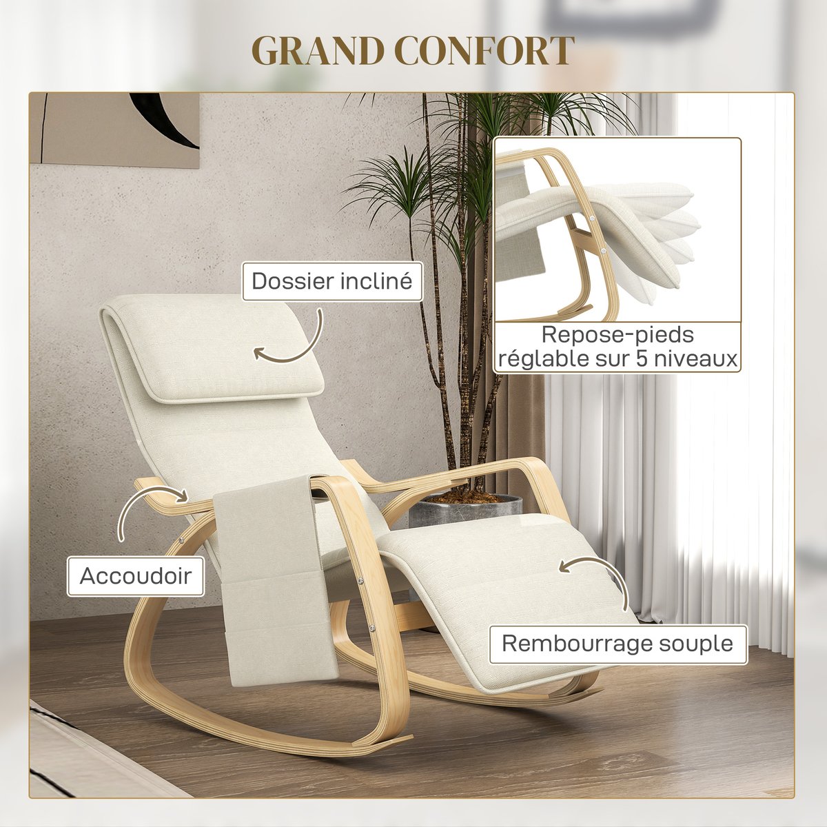 Fauteuil à bascule Lin Crème crème, HOMCOM