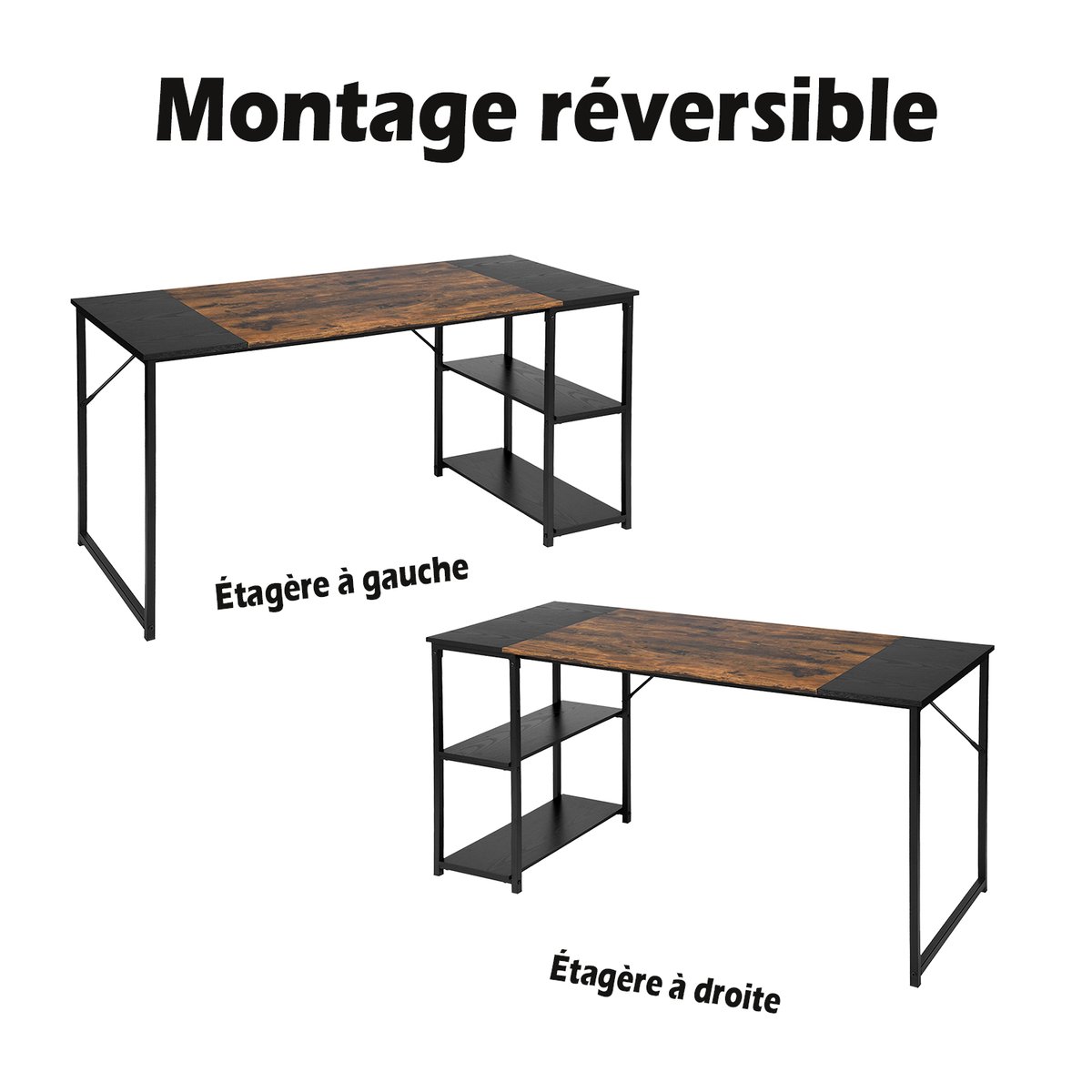 Bureau 140cm avec 2 étagères réversibles style industriel, DEMBE noir, MEUBLES COSY
