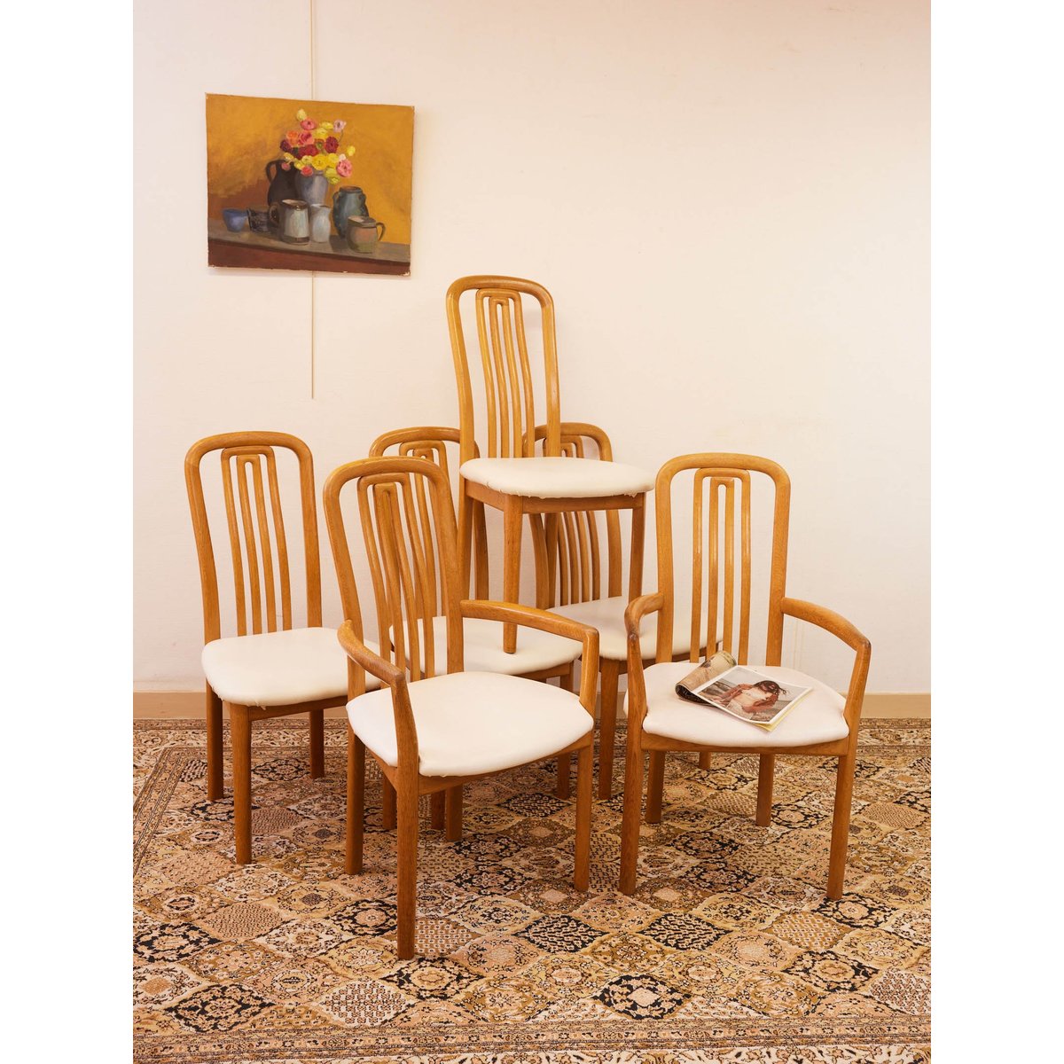 Lot de 4 chaises et 2 fauteuils en bois Alma N°1918 - Bon état bois clair, DEBONGOUT