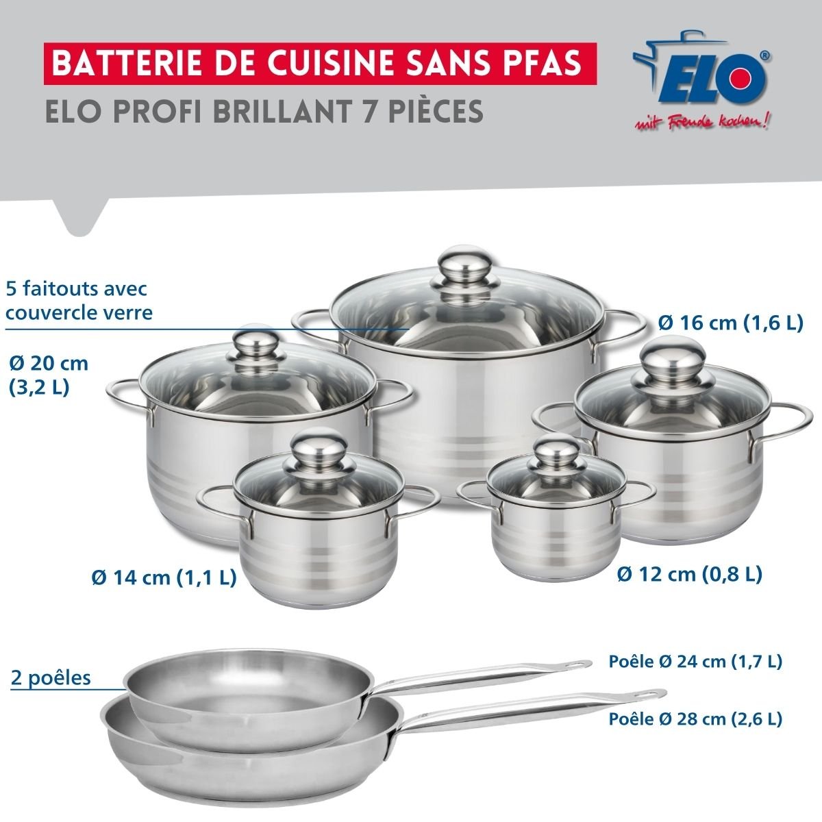 2 poêles 24/28cm + 5 faitouts 12/14/16/20/24cm PROFI BRILLANT gris, ELO