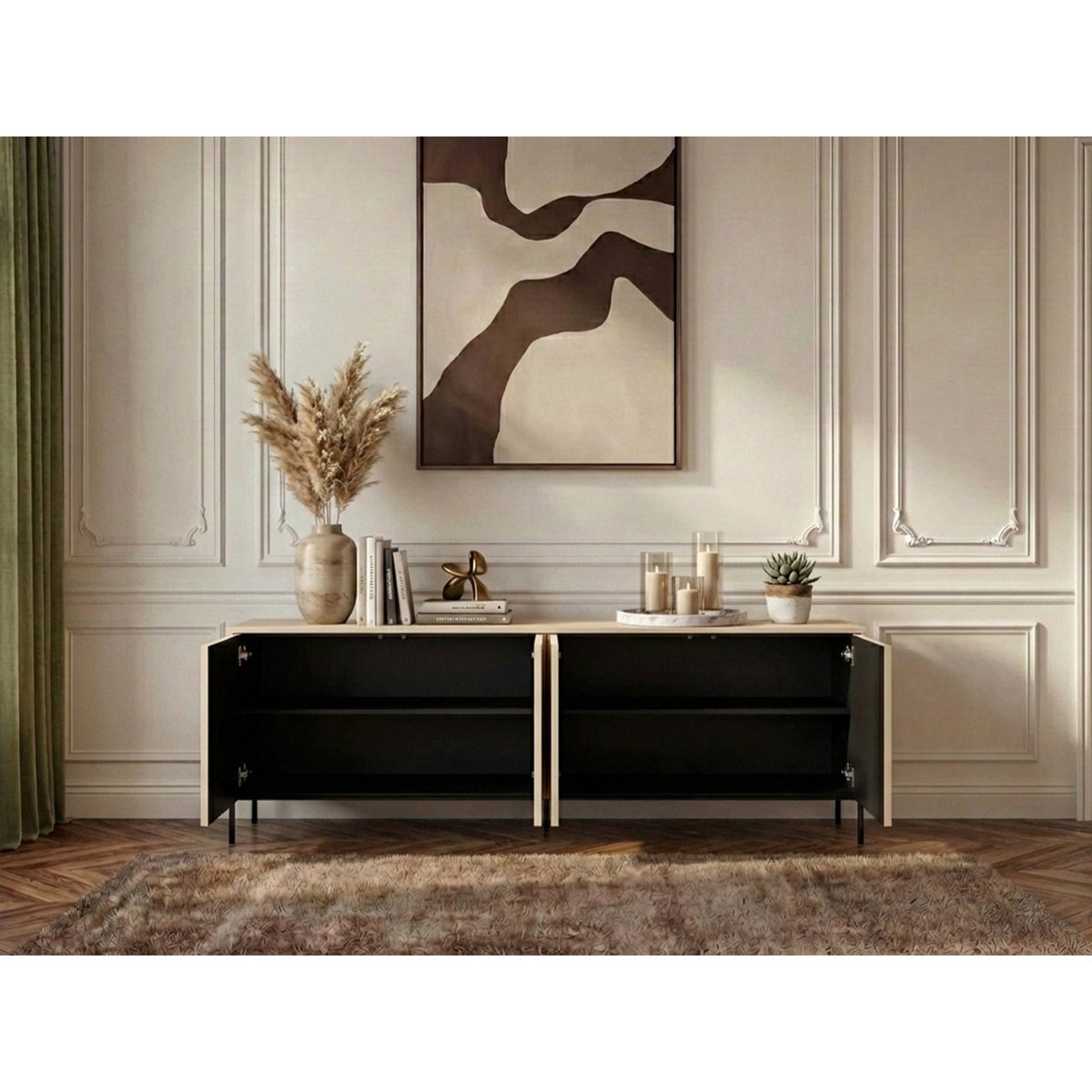 Buffet bas en panneaux de particules et MDF 4 portes 193 cm, FLORE noir et chêne, BOBOCHIC
