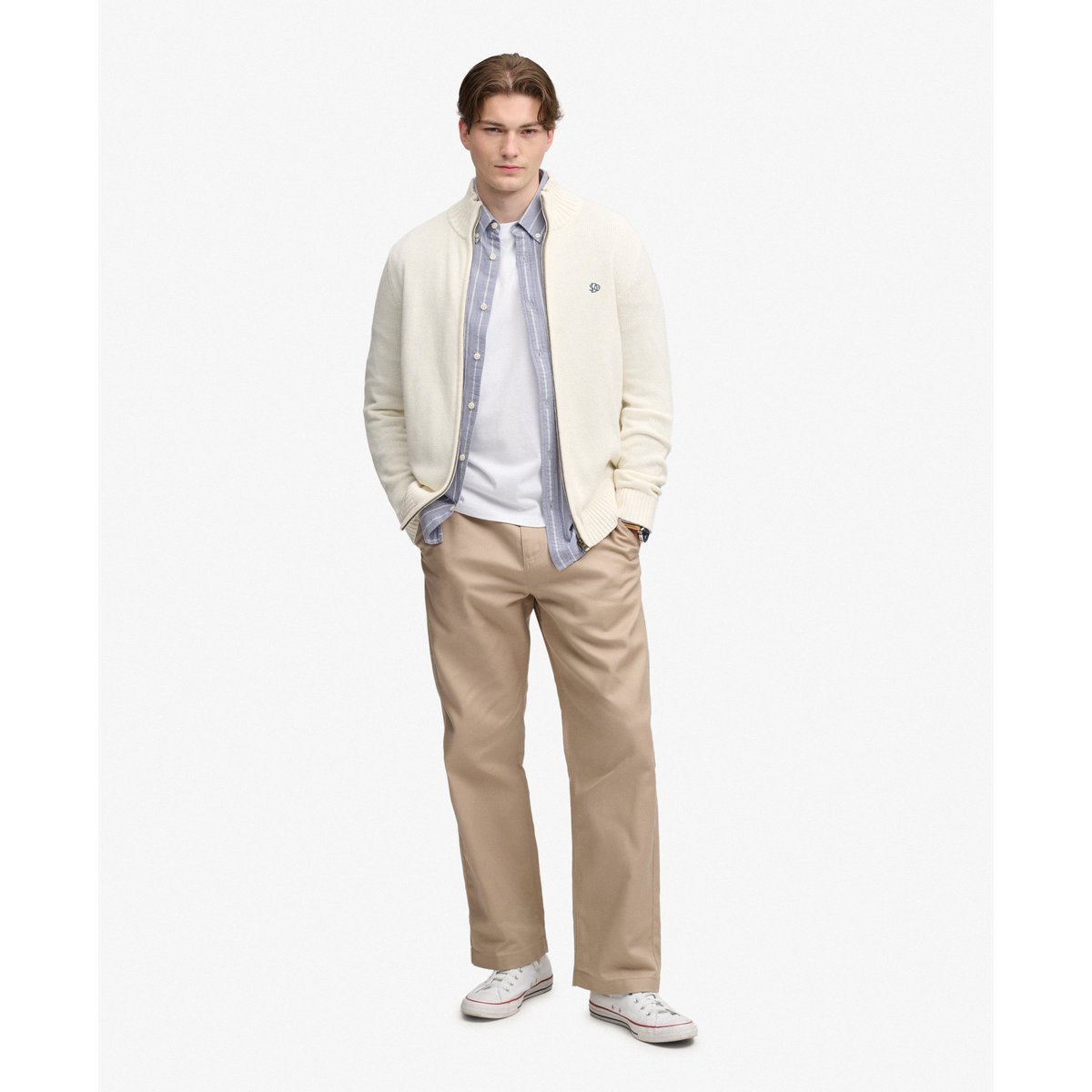 Pull en maille à fermeture éclair crème, SUPERDRY