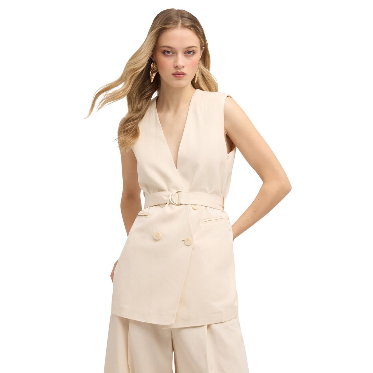Gilet double boutonnage avec ceinture blanc, MOTIVI