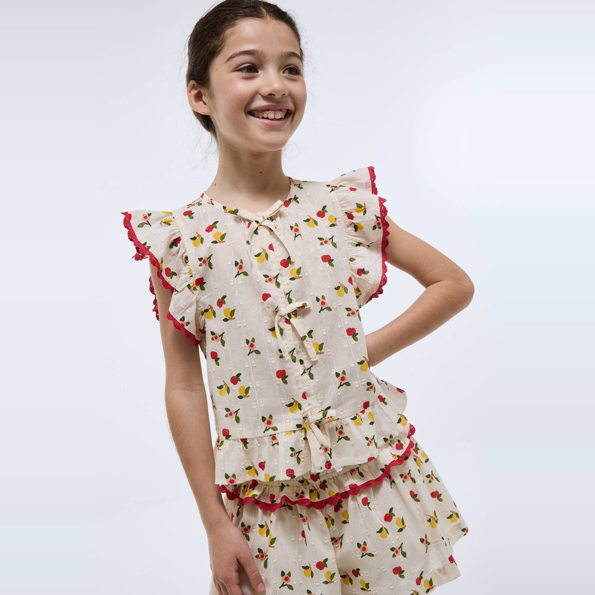 Blouse imprimée à noeud en coton amaretti, MONOPRIX