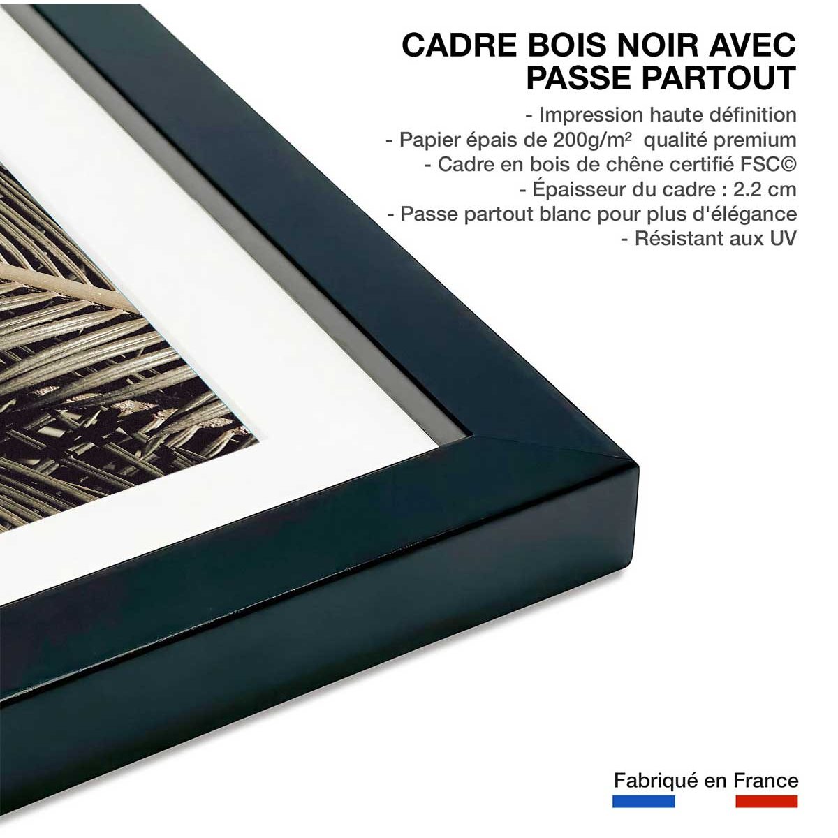 Poster palm island affiche + cadre en bois - noir, HEXOA