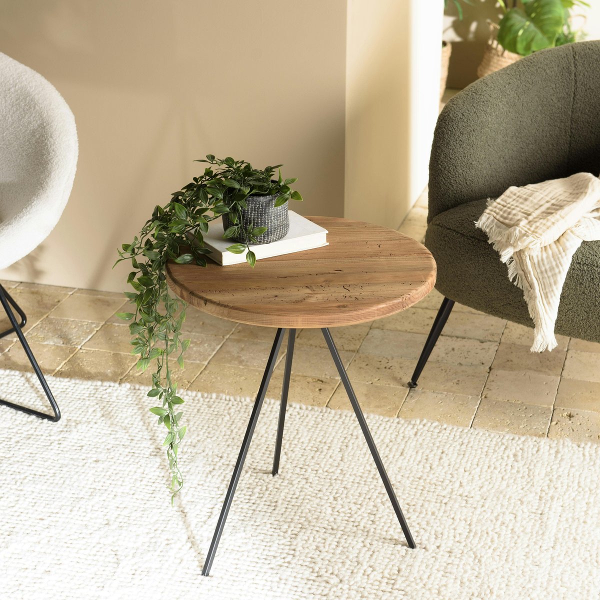 Bout de canapé rond pin recyclé CRACOVIE bois naturel, PIER IMPORT