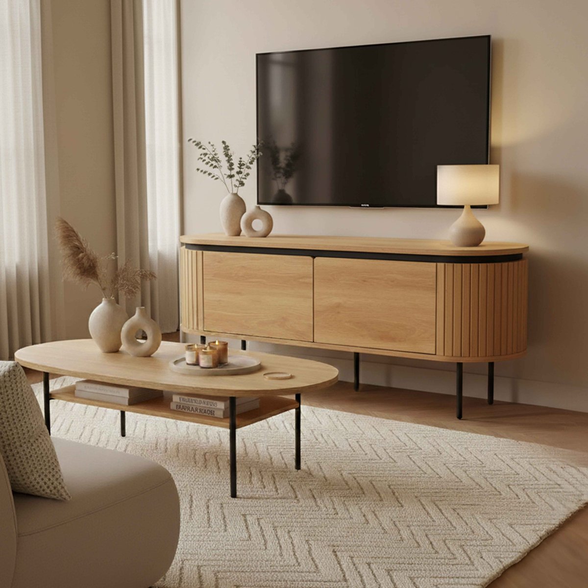 Meuble TV 120 cm en mélaminé, HEMERA bois clair, OVIALA