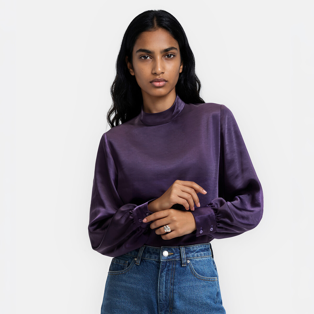 Satin Long Sleeve High Neck Blouse purple, LA REDOUTE COLLECTIONS