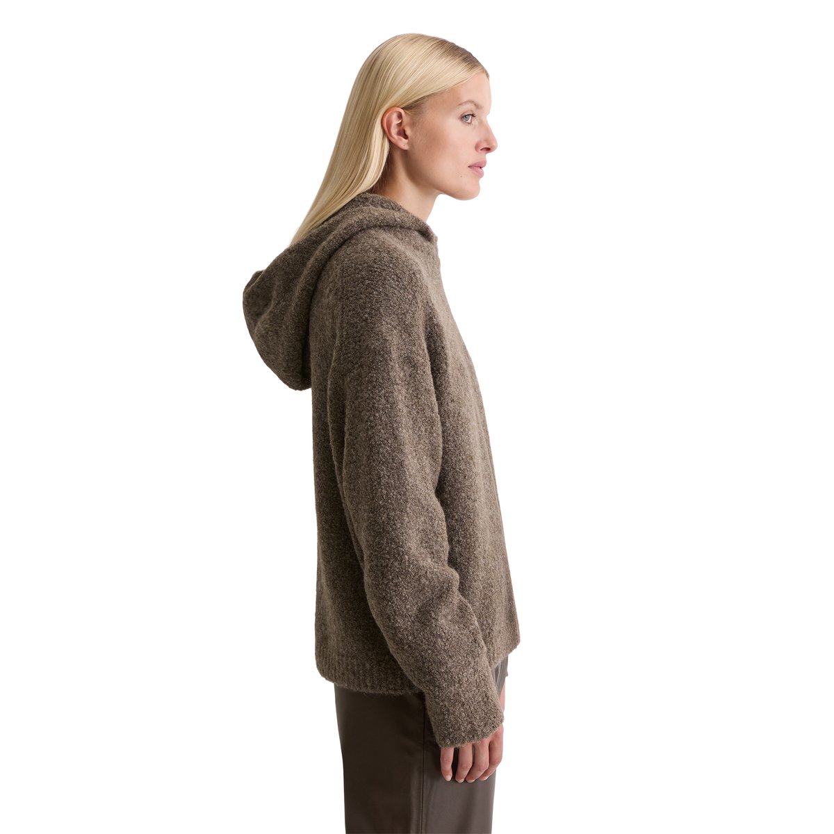 Hoodie en bouclette loose en mélange de laine vierge et de laine d'alpaga brun foncé, MARC O'POLO